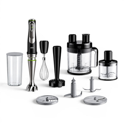 Braun MultiQuick 9 hand blender set with 10 accessories including food processor, whisk, and chopper. Stainless steel and black.