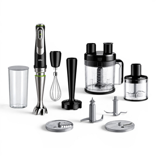 Braun MultiQuick 9 hand blender set with 10 accessories including food processor, whisk, and chopper. Stainless steel and black.