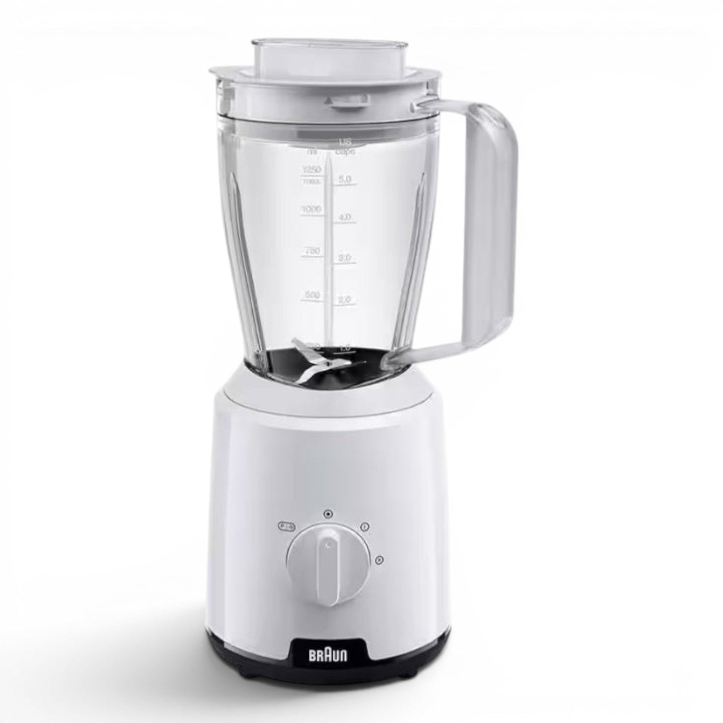 Taghareed Braun PowerBlend 1 JB1000 white 500W blender with 2L jug, TriAction Technology, 2 speeds + pulse, and ice crush function.