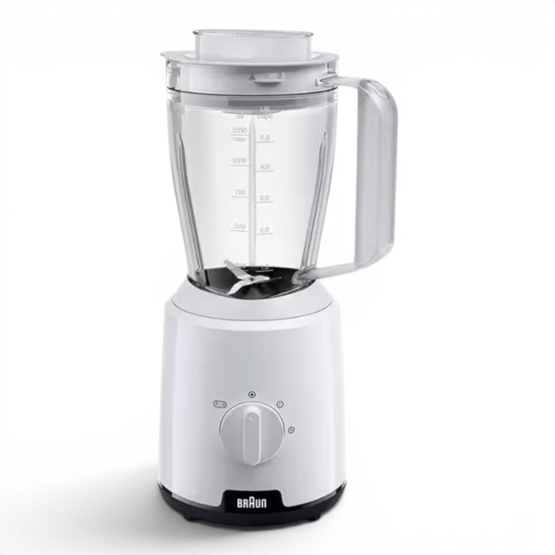 Taghareed Braun PowerBlend 1 JB1000 white 500W blender with 2L jug, TriAction Technology, 2 speeds + pulse, and ice crush function.
