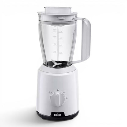 Taghareed Braun PowerBlend 1 JB1000 white 500W blender with 2L jug, TriAction Technology, 2 speeds + pulse, and ice crush function.