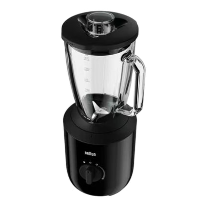 Taghareed Braun PowerBlend 3 black jug blender with 1.5L glass container, 800W motor, TriAction Technology, and variable speed control.