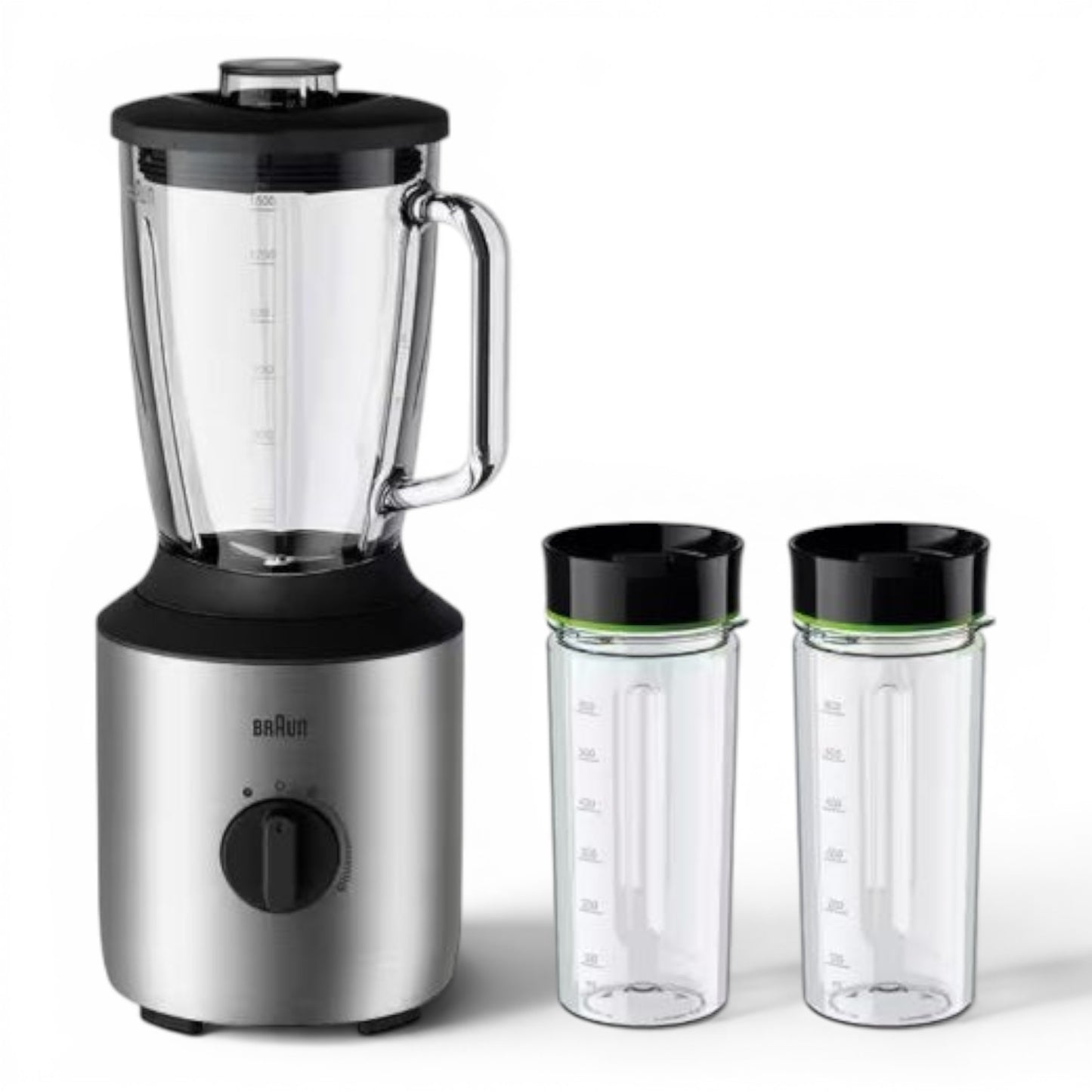 Taghareed Braun PowerBlend 3 jug blender with 1.5L glass jug, 800W motor, TriAction Technology, variable speed, and two 600ml Smoothie2Go bottles.