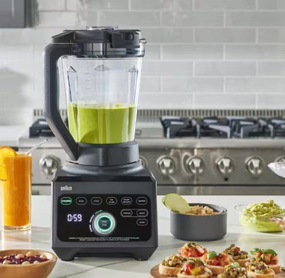 Taghareed Braun PowerBlend 9 JB9040BK black 1600W blender with 3L Tritan jug filled with green smoothie, digital display, and pre-set programs.