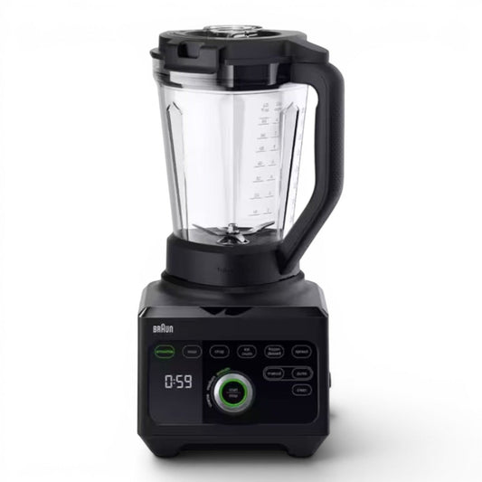Taghareed Braun PowerBlend 9 JB9040BK black 1600W blender with 3L Tritan jug, digital display, and multiple pre-set programs.