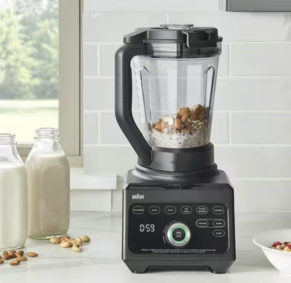 Taghareed Braun PowerBlend 9 jug blender with 1600W motor and 3L Tritan jug, featuring TriAction Technology and iTextureControl for smooth blending.