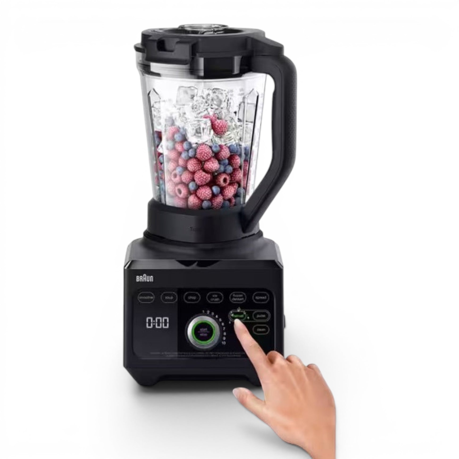 Taghareed Braun PowerBlend 9 JB9040BK black 1600W blender with 3L Tritan jug filled with ice and berries, digital display, and touch controls.