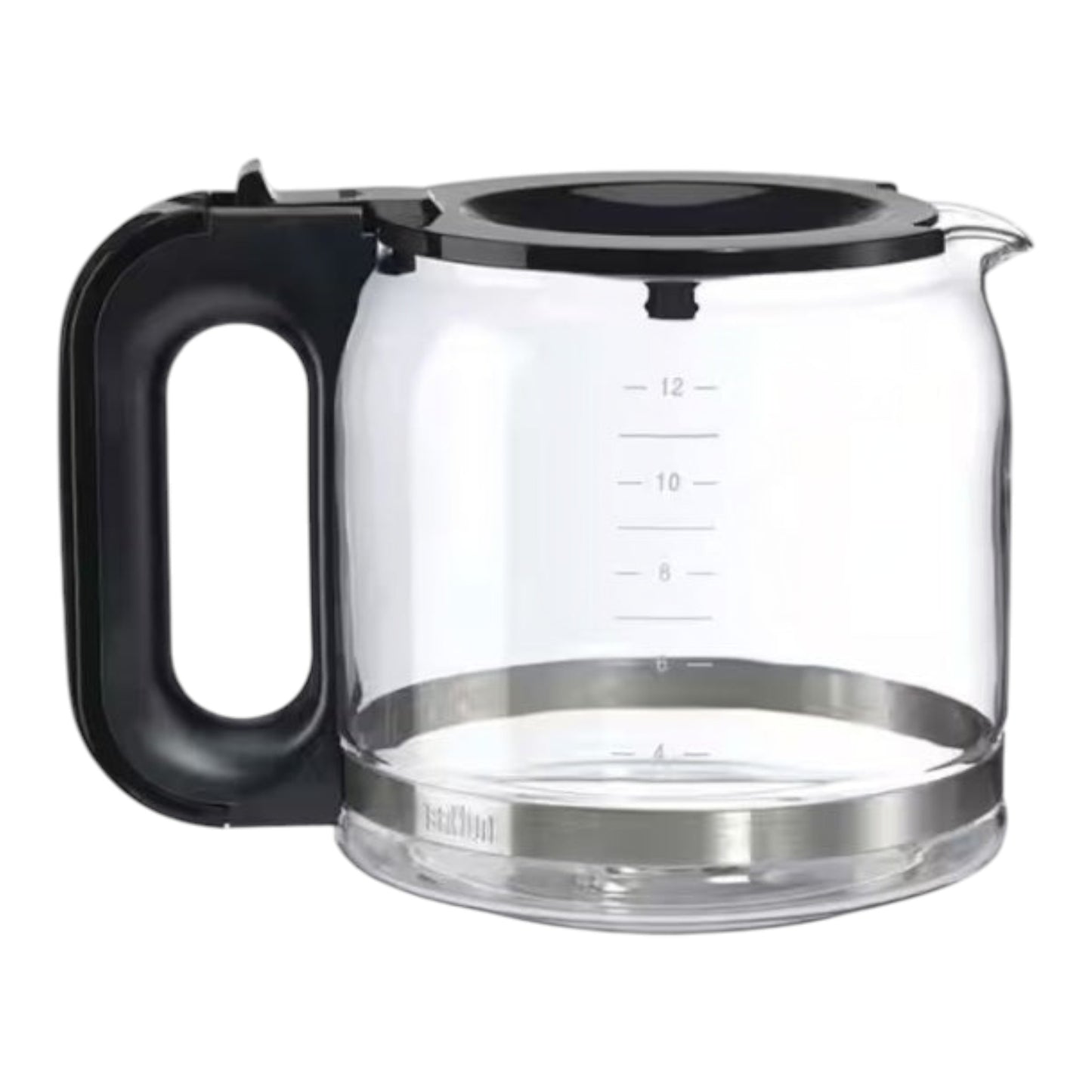 Taghareed Braun PurAroma 7 KF7120BK 12-cup glass coffee maker carafe with black handle and measurement markings.