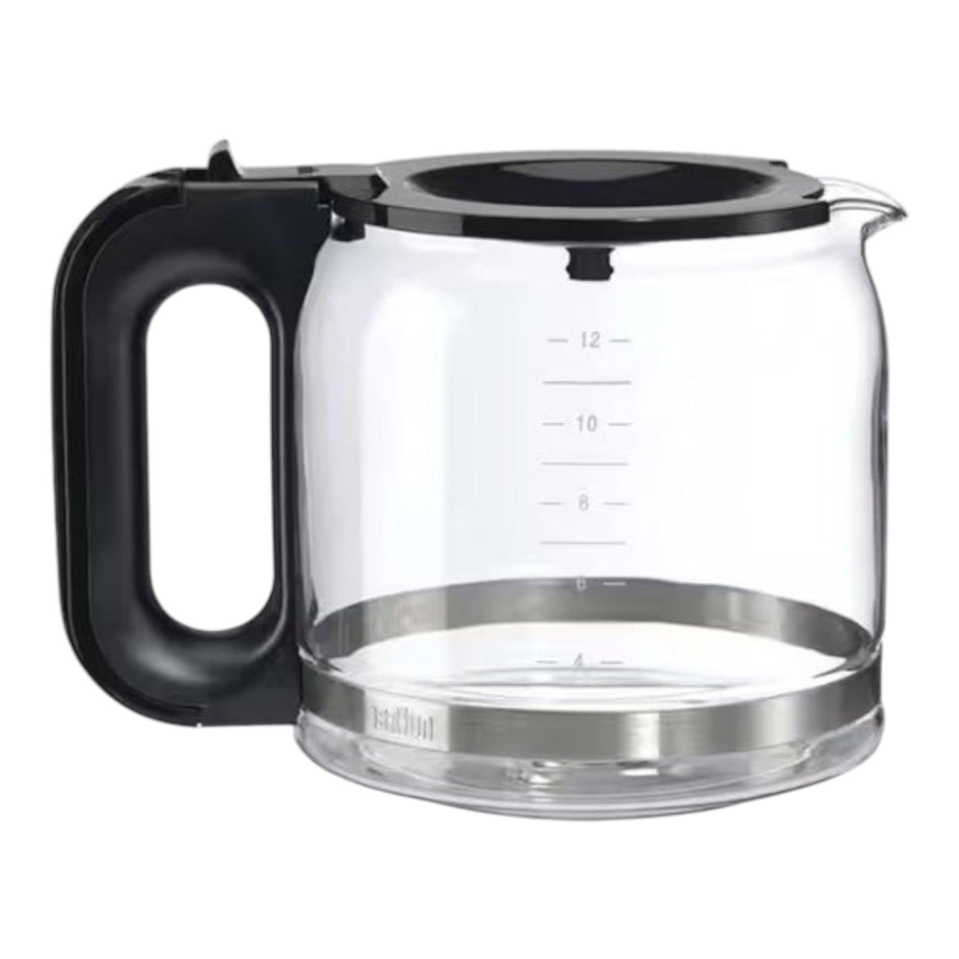 Taghareed Braun PurAroma 7 KF7120BK 12-cup glass coffee maker carafe with black handle and measurement markings.