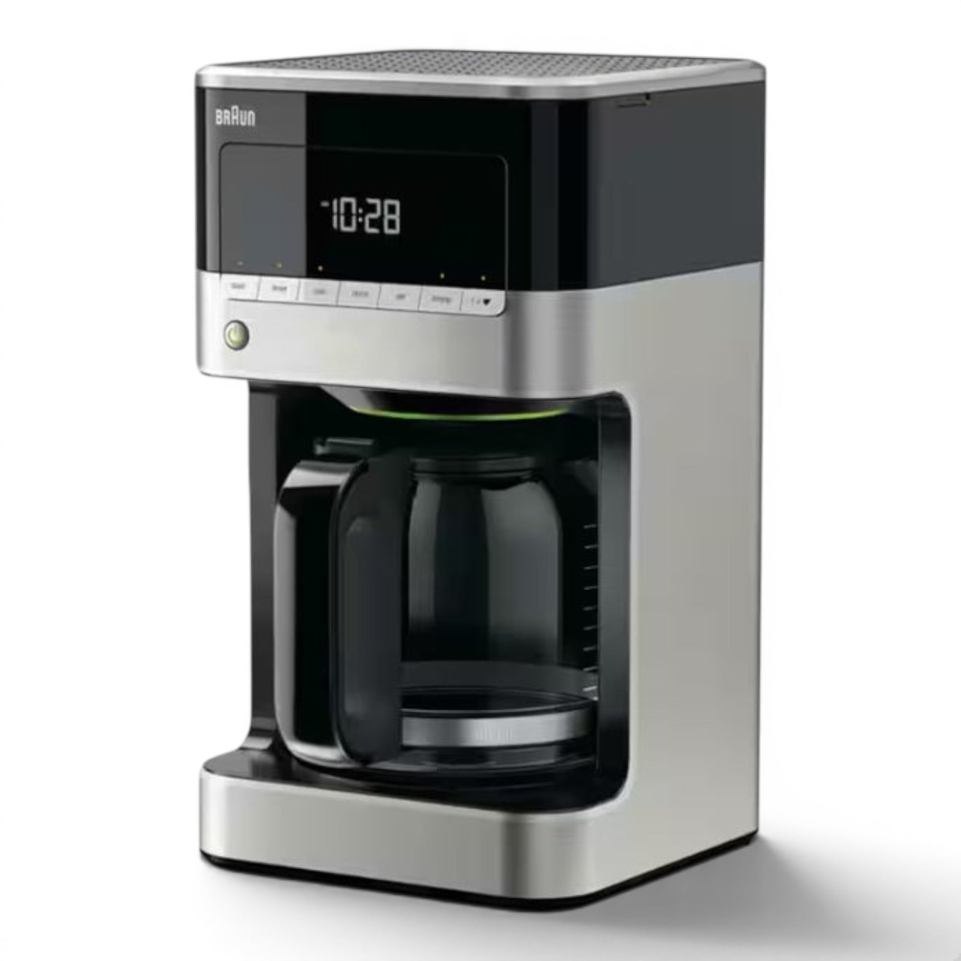 Taghareed Braun PurAroma 7 KF7120BK coffee maker with digital display, glass carafe, and stainless steel finish.