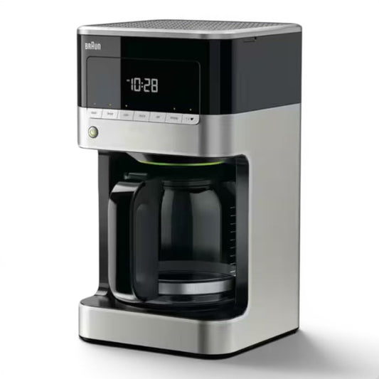 Taghareed Braun PurAroma 7 KF7120BK coffee maker with digital display, glass carafe, and stainless steel finish.