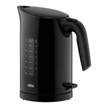 Taghareed Braun PurEase black 1.7L 2200W electric kettle with water level indicator and 3-Way Protection system.