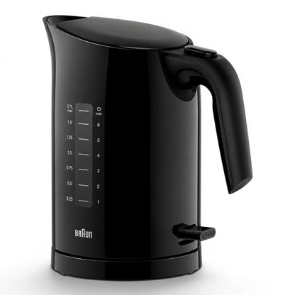 Taghareed Braun PurEase black 1.7L electric kettle with 2200W power and 3-Way Protection system.