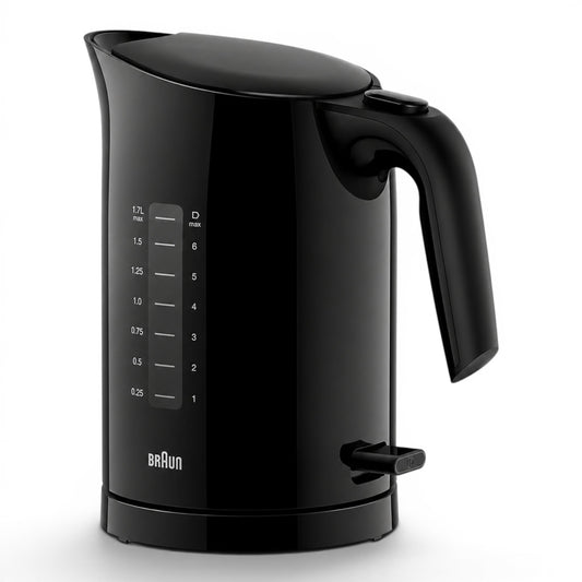 Taghareed Braun PurEase black 1.7L electric kettle with 2200W power and 3-Way Protection system.