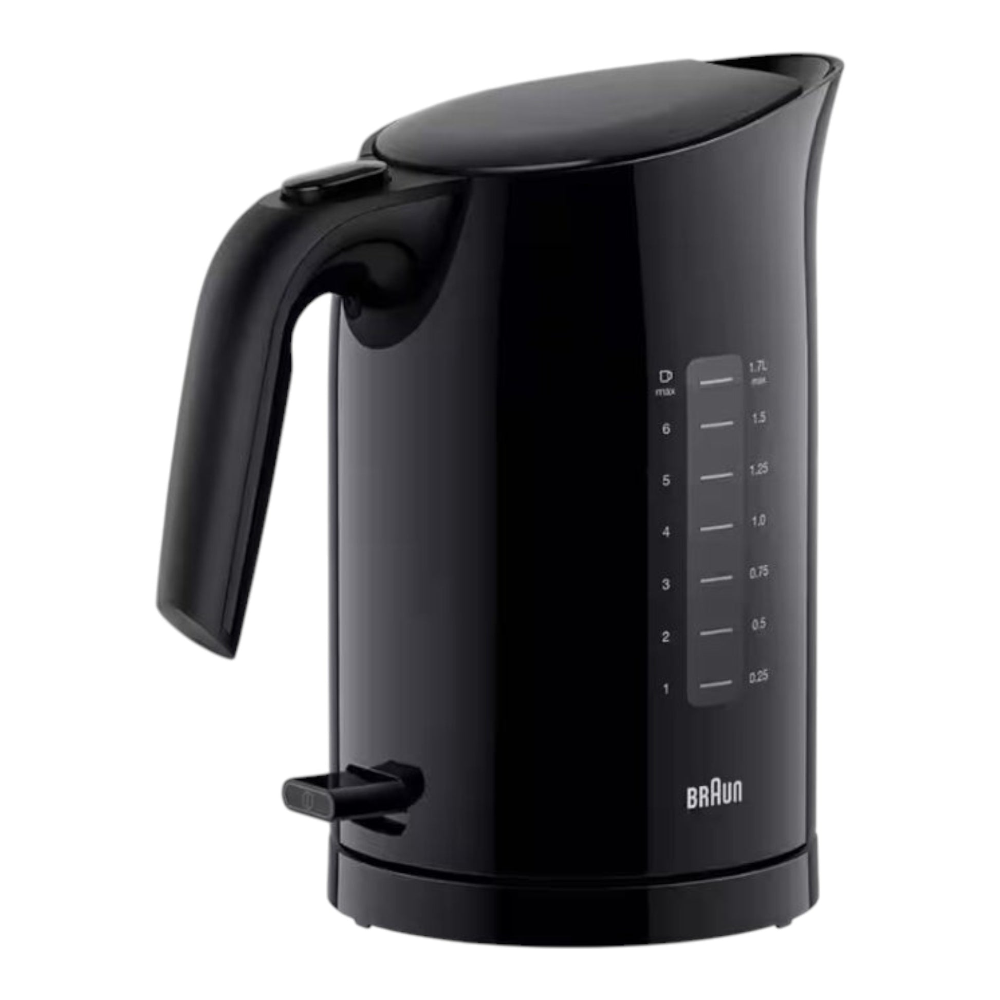 Taghareed Braun PurEase black 1.7L electric kettle with 2200W power and 3-way protection system.