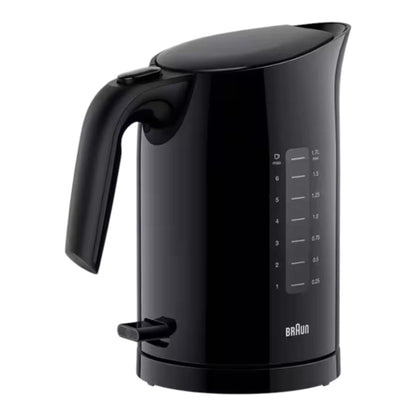 Taghareed Braun PurEase black 1.7L electric kettle with 2200W power and 3-way protection system.