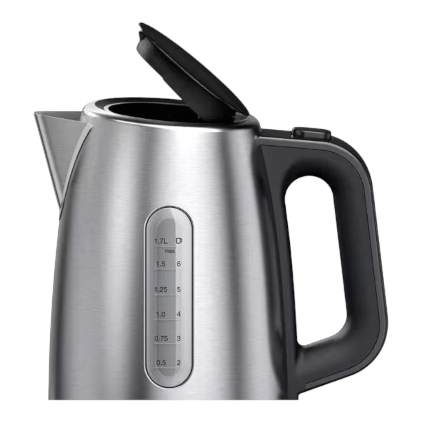 Taghareed Braun PurShine WK1500BK stainless steel kettle, 1.7L capacity, with a black handle and lid, and a water level indicator.