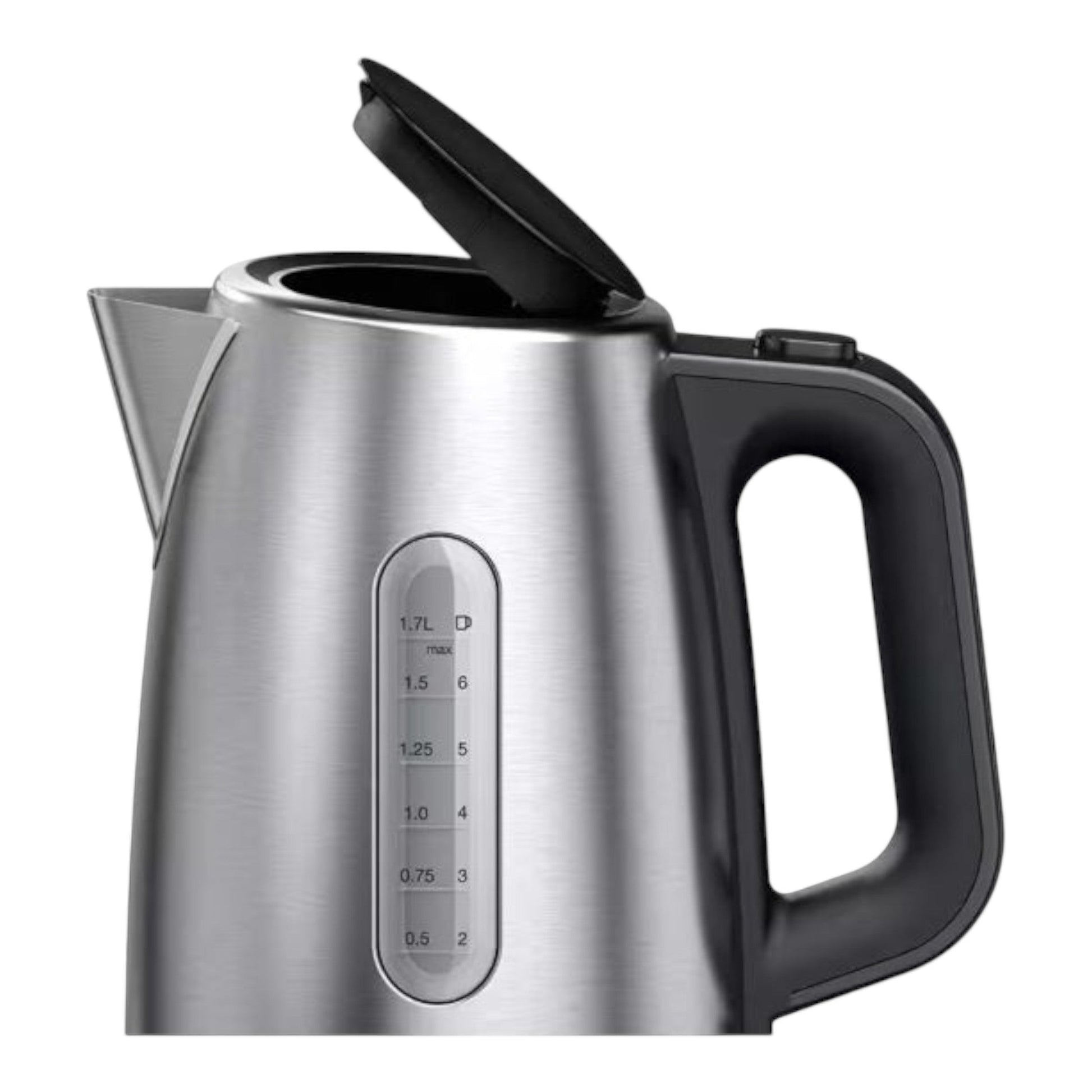 Taghareed Braun PurShine WK1500BK stainless steel kettle, 1.7L capacity, with a black handle and lid, and a water level indicator.