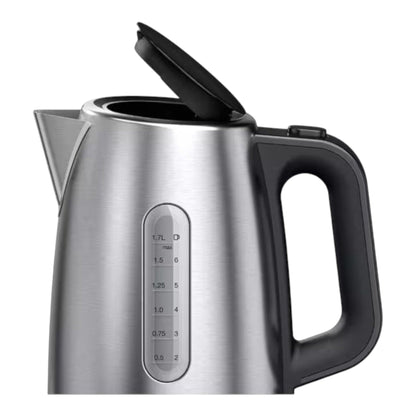 Taghareed Braun PurShine WK1500BK stainless steel kettle, 1.7L capacity, with a black handle and lid, and a water level indicator.