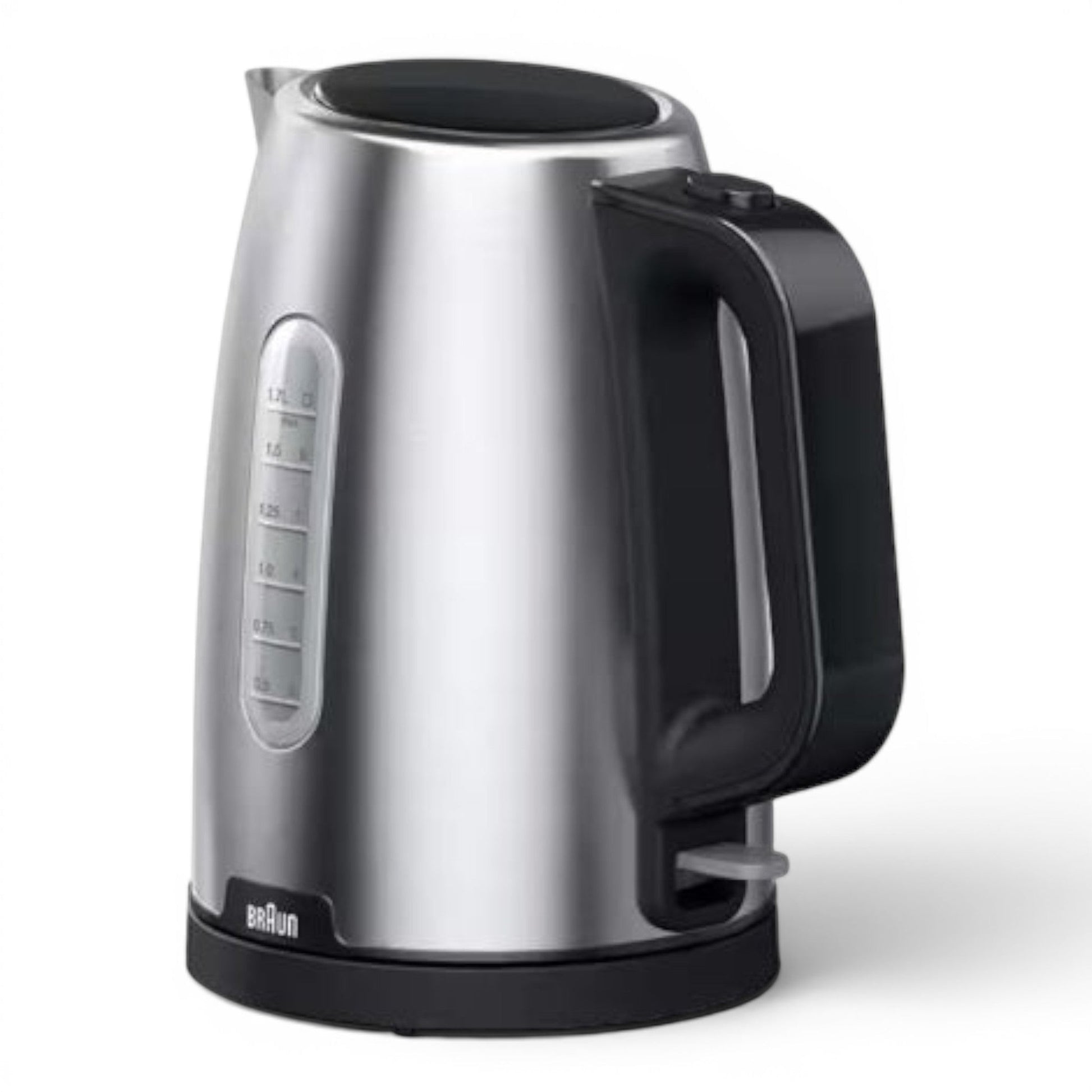 Taghareed Braun PurShine WK1500BK stainless steel electric kettle with black handle, 1.7L capacity, 2200W