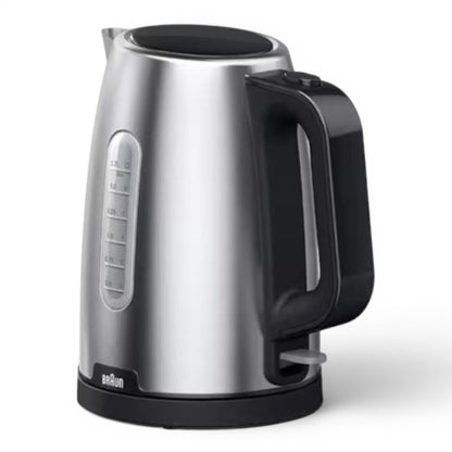 Taghareed Braun PurShine WK1500BK stainless steel electric kettle with black handle, 1.7L capacity, 2200W