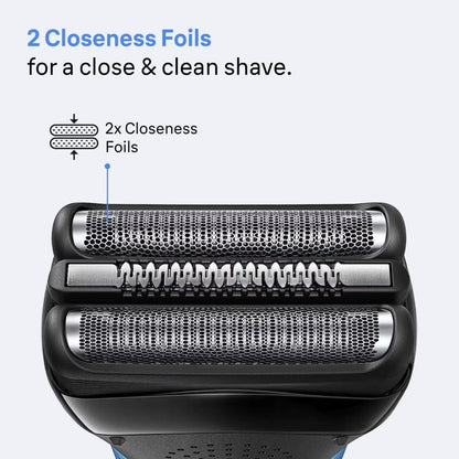 Braun Series 3 310s electric shaver head with two closeness foils and middle trimmer. Black and blue.