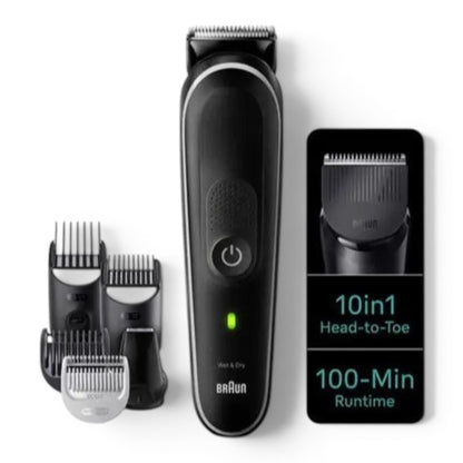 Braun Series 5 All-in-One Style Kit, black grooming trimmer with multiple attachments, 10-in-1 head-to-toe functionality, 100-min runtime.