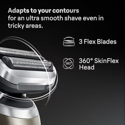 Taghareed Braun Series 7 electric shaver, silver, with 3 Flex Blades and 360° SkinFlex Head for smooth shaving.
