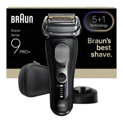 Taghareed Braun Series 9 Pro+ 9610s black electric shaver with 5+1 technology, flexible head, and LED display.