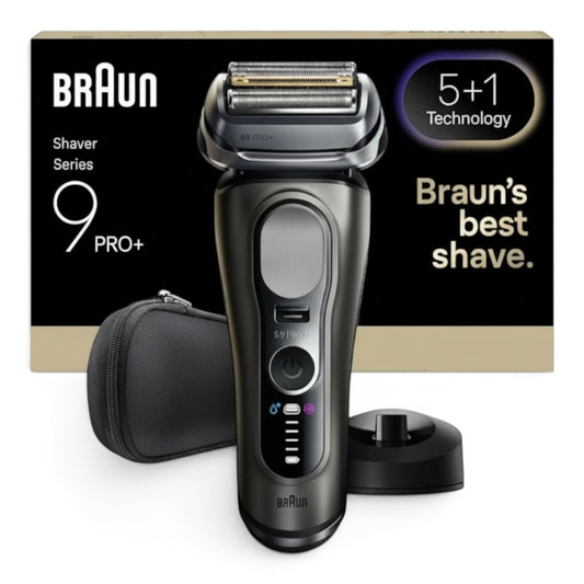 Taghareed Braun Series 9 Pro+ 9615s electric shaver in graphite with 5+1 technology and charging stand.