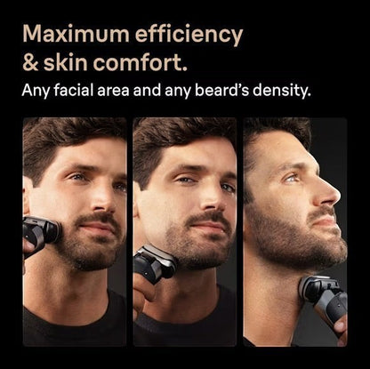 Taghareed Braun Series 9 Pro+ 9615s electric shaver in graphite, shown in use on a man's face with stubble and beard.