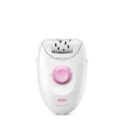 Taghareed Braun Silk-épil 1 epilator with 20 tweezers and SoftLift tips for efficient hair removal. White and pink.