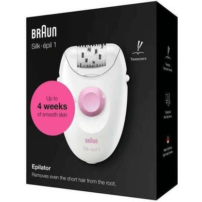 Taghareed Braun Silk-épil 1 epilator, white and pink, with 20 tweezers and SoftLift tips for efficient hair removal.