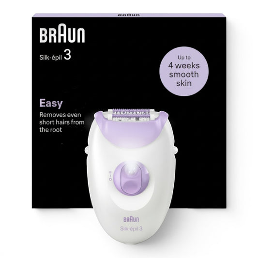Braun Silk-épil 3 epilator in white and lilac, with 20 tweezers and Smartlight for smooth skin.