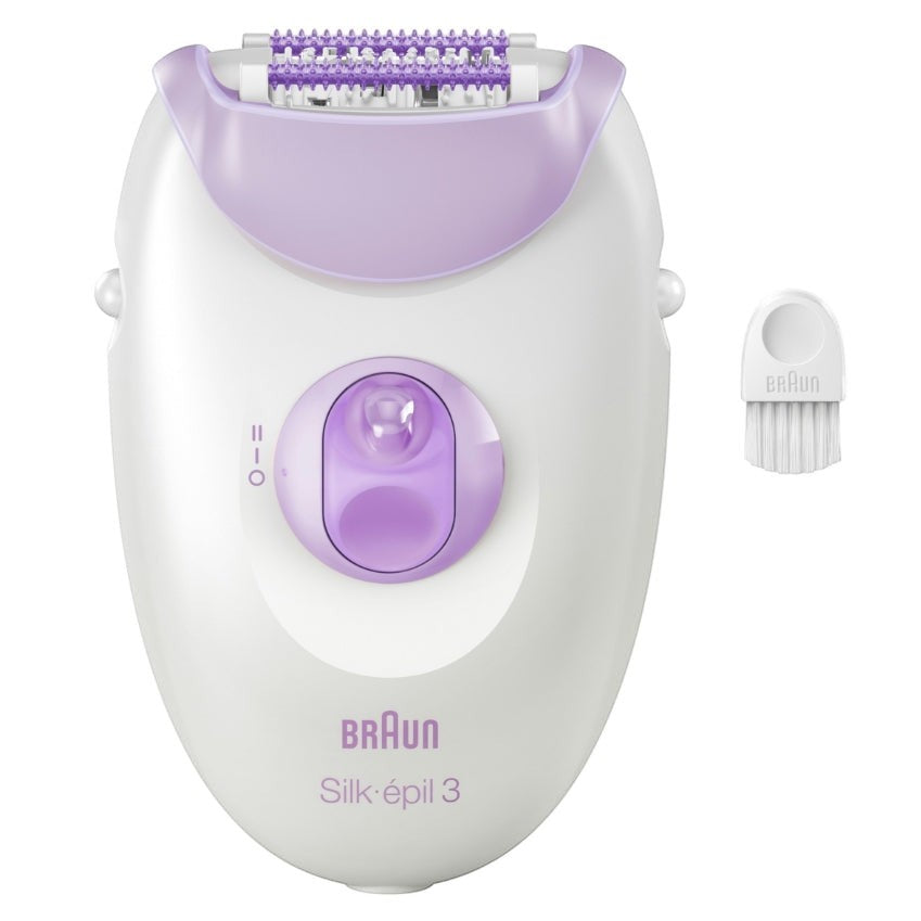 Taghareed Braun Silk-épil 3 epilator in white and lilac with 20 tweezers and Smartlight for smooth skin.