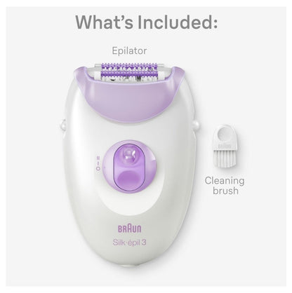 Braun Silk-épil 3 epilator in white and lilac, with 20 tweezers and a cleaning brush.