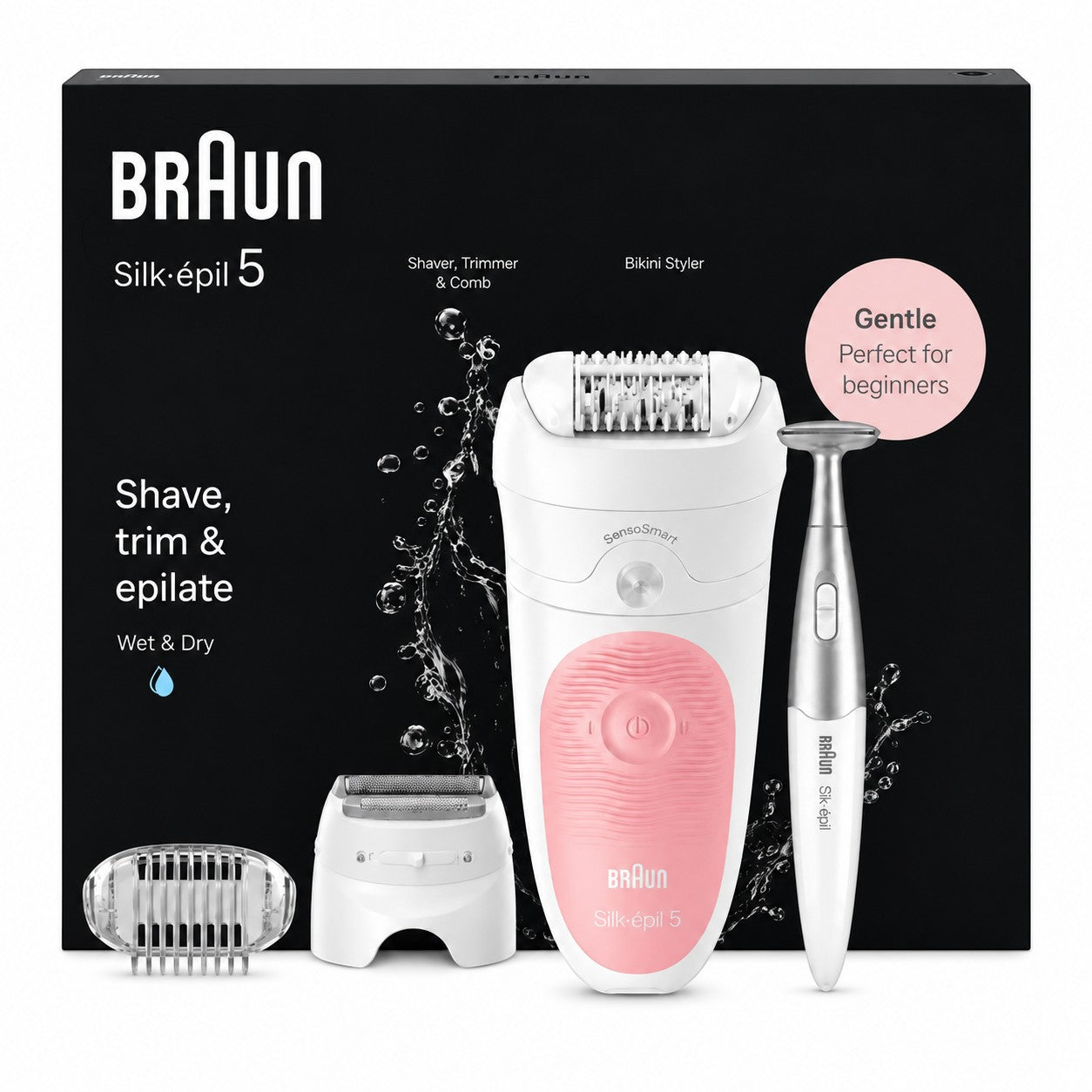 Braun Silk-épil 5 SES5-820 epilator kit with shaver, trimmer, and bikini styler attachments. White and pink.