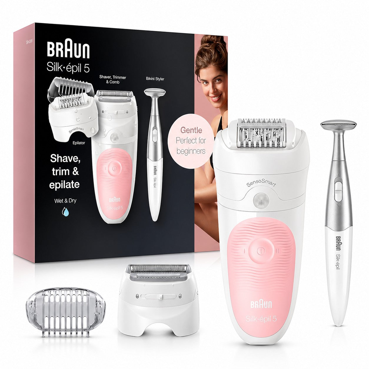 Taghareed Braun Silk-épil 5 SES5-820 epilator, shaver, trimmer, and bikini styler set. White and pink.