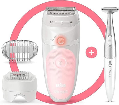 Braun Silk-épil 5 SES5-820 epilator set with shaver and trimmer attachments, white and pink
