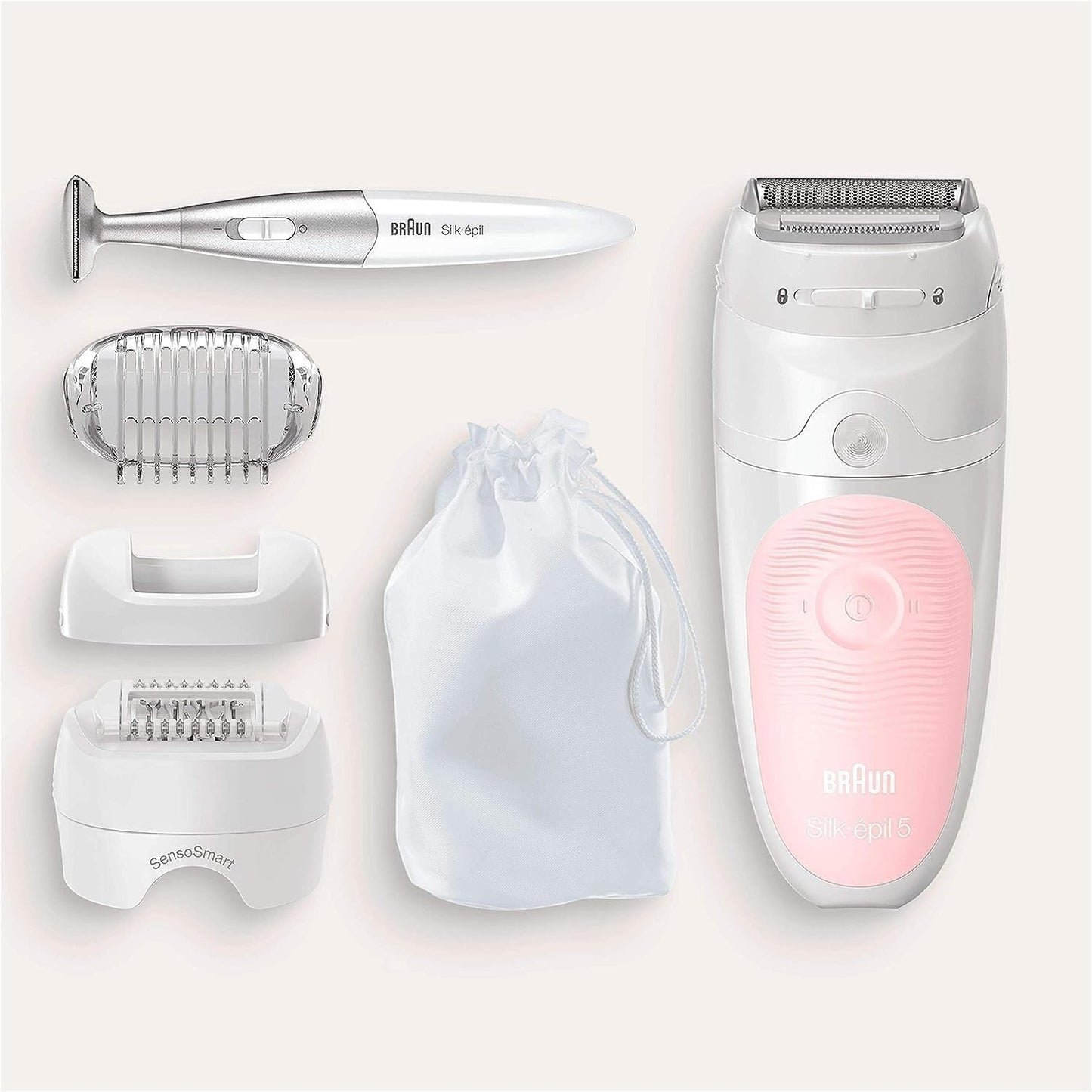 Braun Silk-épil 5 SES5-820 epilator set with attachments and storage pouch. White and pink.