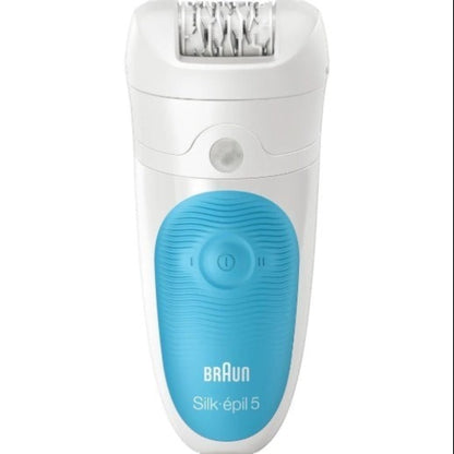 Taghareed Braun Silk-épil 5 Wet & Dry epilator with 28 tweezers and massage rollers for gentle hair removal.