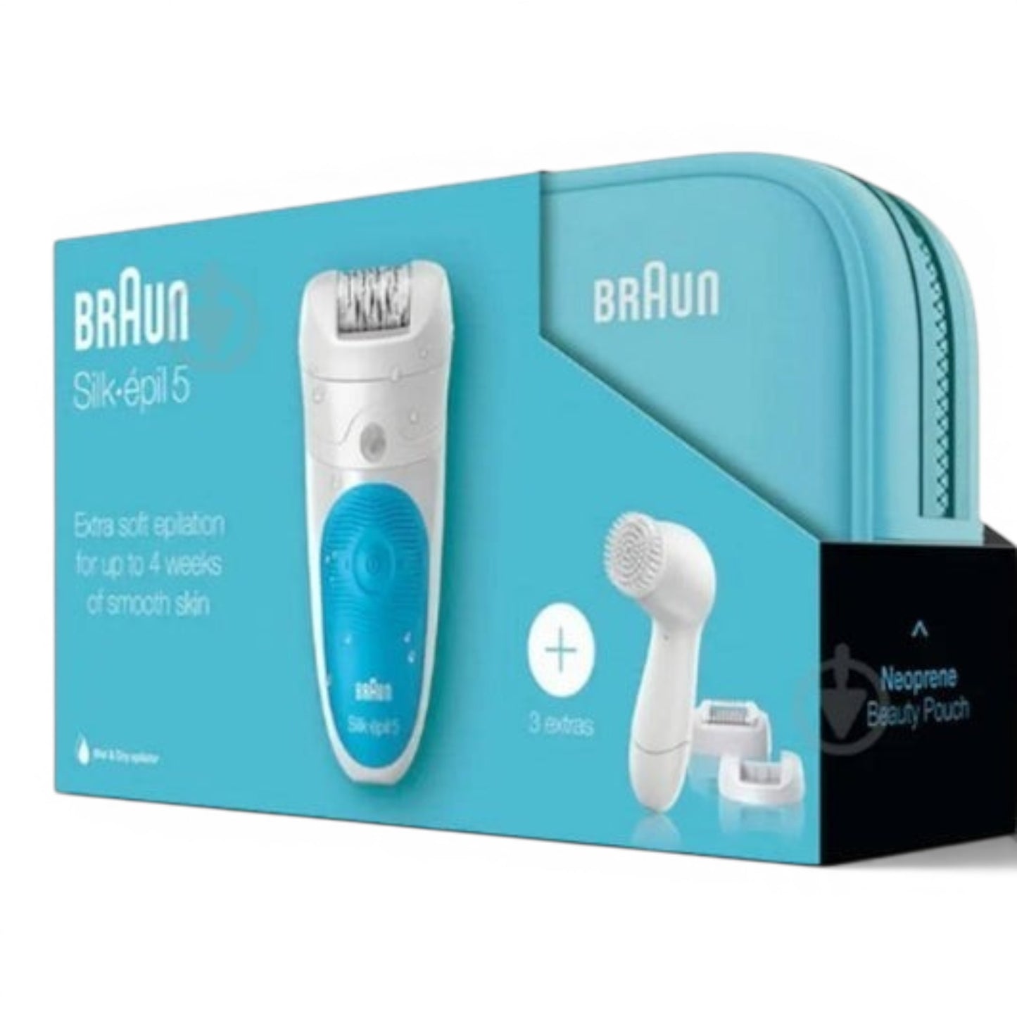Braun Silk-épil 5 Wet & Dry epilator in white and blue, with 28 tweezers and massage rollers. Includes cleaning brush and pouch.
