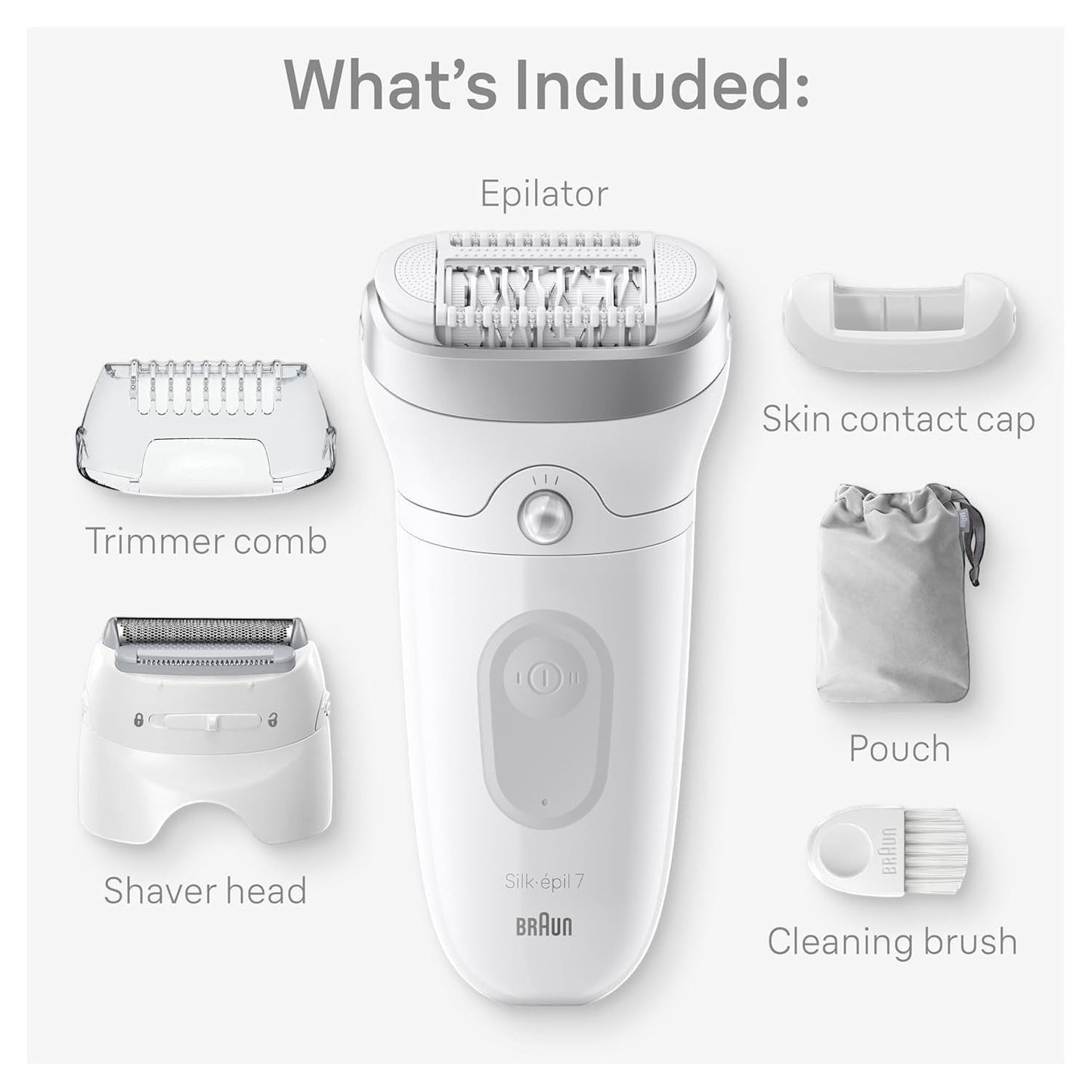 Braun Silk-épil 7 Wet & Dry Epilator SE7-041 with 40 tweezers, Smartlight, and 2 attachments: trimmer comb, shaver head, skin contact cap, pouch, and cleaning brush.