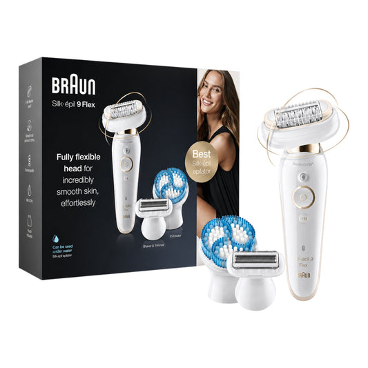 Taghareed Braun Silk-épil 9 Flex epilator, white with gold accents, features a fully flexible head and Micro-Grip technology for smooth skin.
