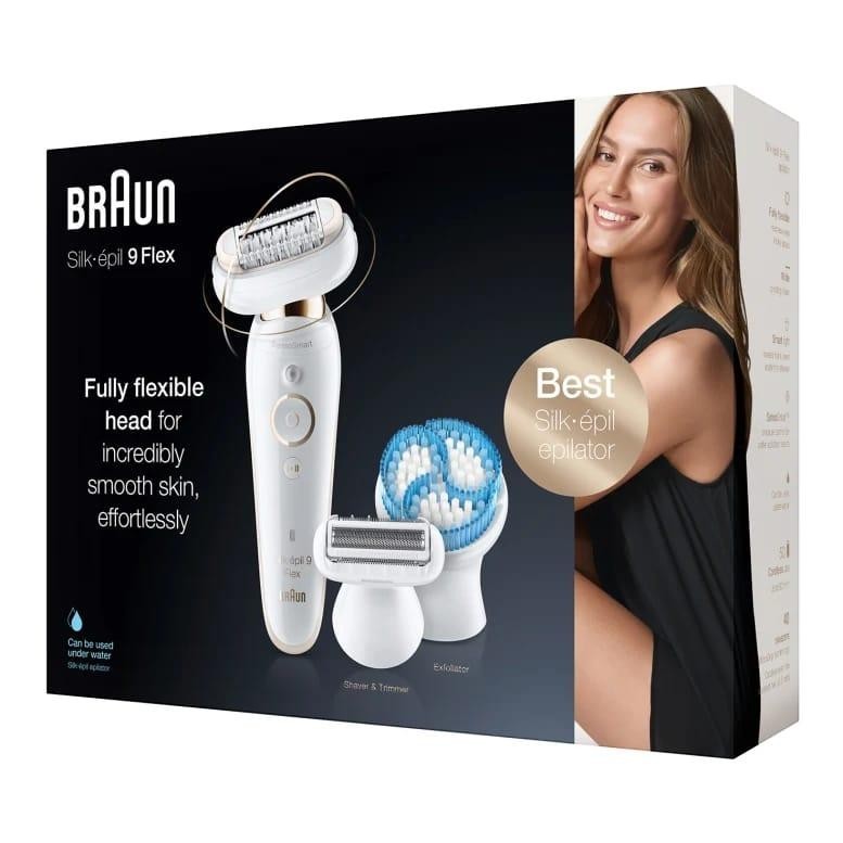 Braun Silk-épil 9 Flex epilator, white with gold accents, features a fully flexible head, shaver, and exfoliator attachments. Wet & Dry use.