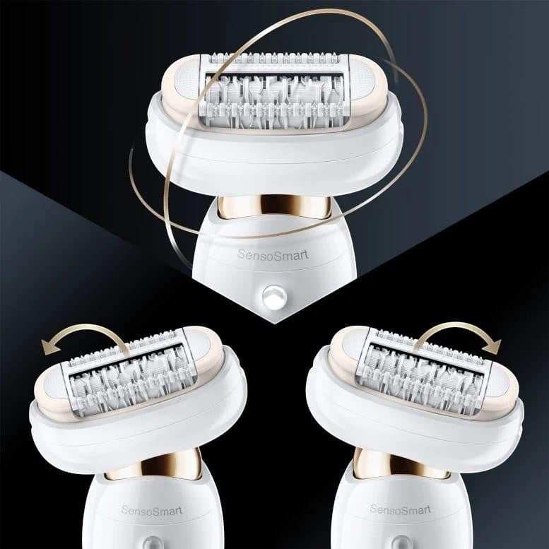 Taghareed Braun Silk-épil 9 Flex epilator with a flexible head and Micro-Grip technology in white and gold.