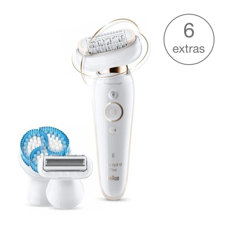 Taghareed Braun Silk-épil 9 Flex epilator, white with gold accents, features a flexible head and includes shaver and trimmer attachments.
