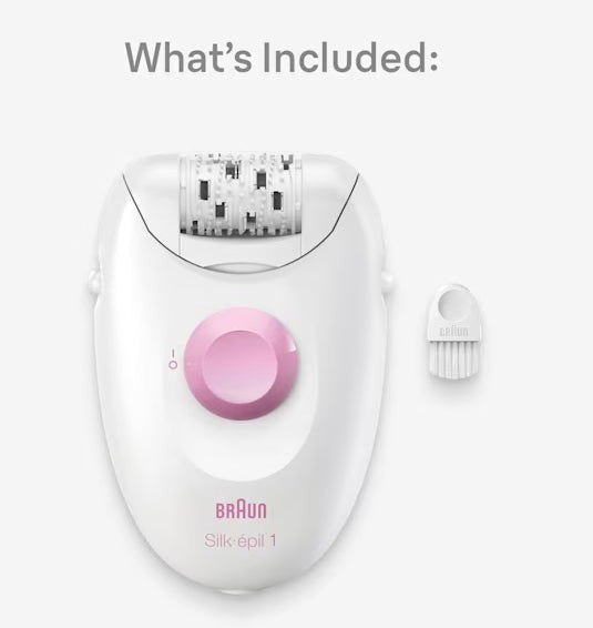 Braun Silk-épil 1 epilator in white and pink with a 20-tweezer system and SoftLift Tips.