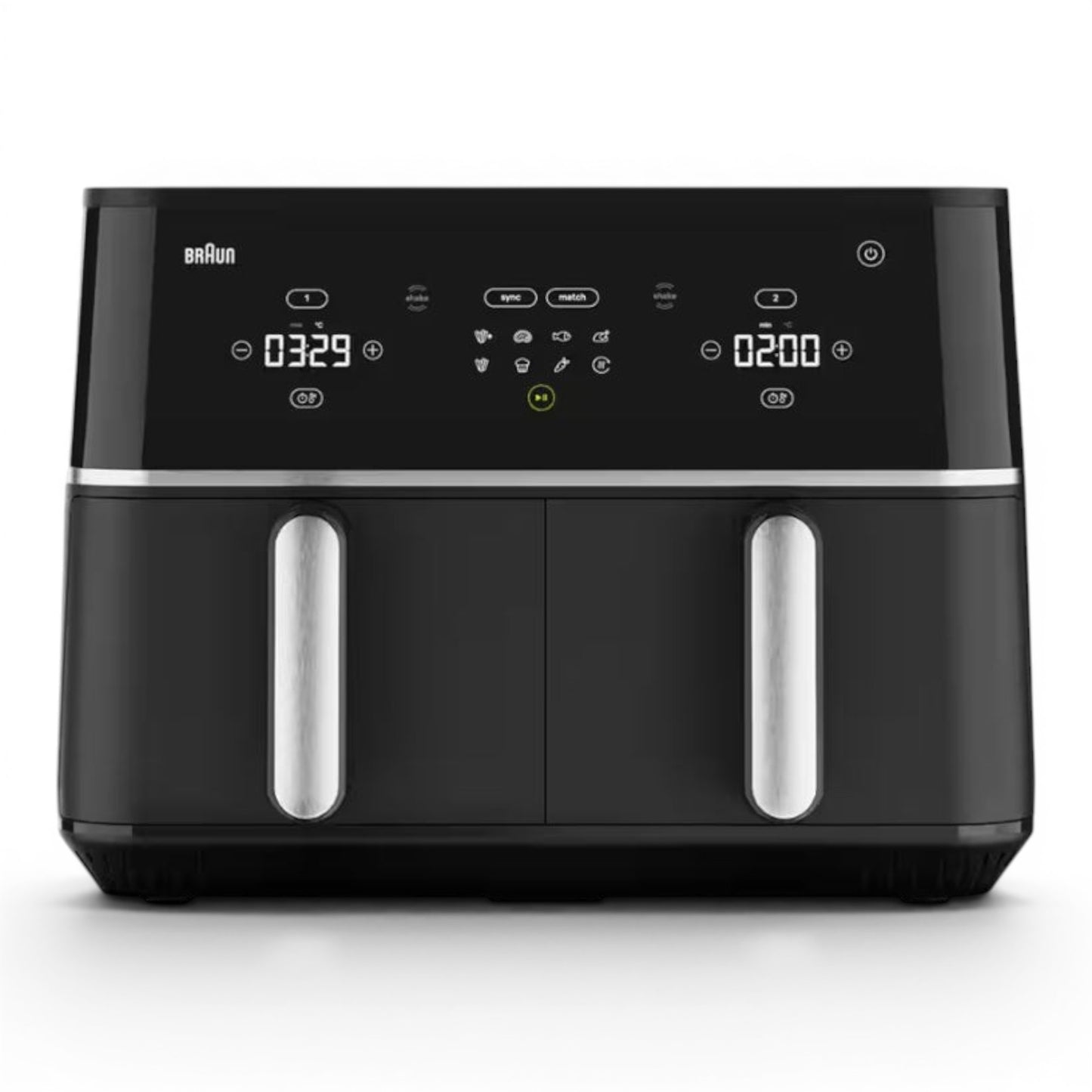 Taghareed Braun TwinCook 5 TD5030IBK black dual-basket air fryer with digital display and 8 cooking programs.
