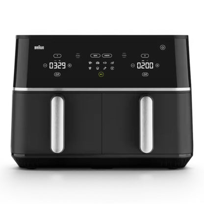 Taghareed Braun TwinCook 5 TD5030IBK black dual-basket air fryer with digital display and 8 cooking programs.